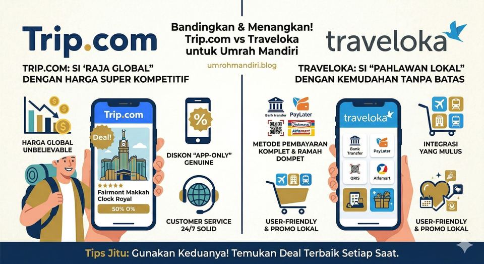 Infografis perbandingan Trip.com vs Traveloka untuk Umroh Mandiri